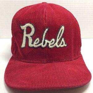 Vintage REBELS Red Corduroy SnapBack Trucker Hat White Script Cap UNLV Ole Miss